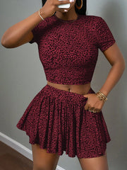 Leopard Print Crop Top & Ruffled Skort Two Piece Set