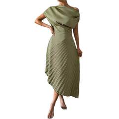 Asymmetric Satin Pleated Midi Dress