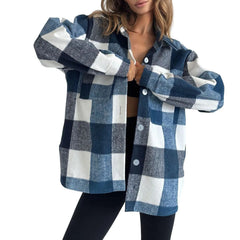 Grey Black Check Shacket, Loose Long Sleeve Plaid Shirt Jacket for Autumn