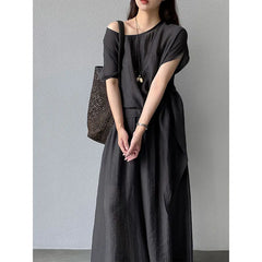 Batwing Sleeve Loose Shirt Wide Leg Long Pants 2 Piece Linen Blend Casual Set