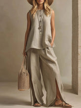 Half Button Sleeveless Vest & Side Slit Wide Leg Pants Two Piece Set