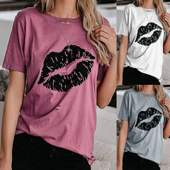Crew Neck Hollow Out Lip Print Straight Cut Cotton Blend Short Sleeve Commuter Casual Pullover T-shirt