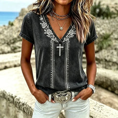 Floral Embroidery V‑Neck Short Sleeve T‑Shirt
