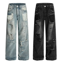 Mid Waist Non-Stretch Ripped Straight Denim Jeans