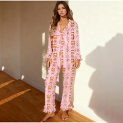 Button Down Ruffle Cuff Long Pants Holiday Loungewear Set