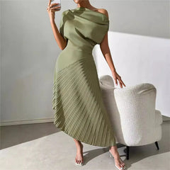 Asymmetric Satin Pleated Midi Dress