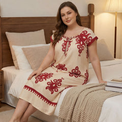 Curvy Bohemian Print Nightdress, Beige Base Red Graphic Short Sleeve Loose Midi Night Gown