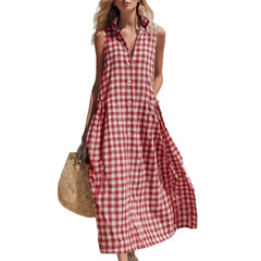 Stand Collar Sleeveless Gingham Pocket Linen Maxi Dress