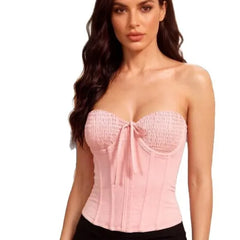 Strapless Smocked Front Bow Mesh Corset Tube Top