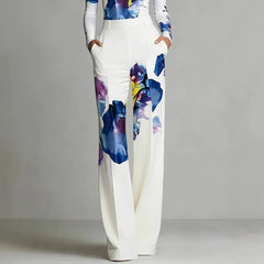White Base Abstract Watercolor Floral Print High Waist Micro Stretch Straight Wide Leg Long Casual Pants