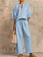 Stand Collar Gold Zip Linen 2 Piece Outfit, Puff Sleeve Drawstring High Waist Wide Leg Pocket Pants