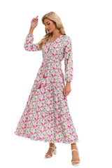 Paisley Print V-Neck Long Sleeve Drawstring Waist Maxi Dress