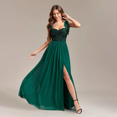 Beaded Chiffon Split Formal Maxi Dress
