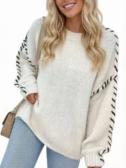 Fuzzy Pink Oversized Knit Pullover, White Whipstitch Lantern Sleeve Crew Neck Sweater