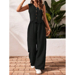 Green V-Neck Button Vest & Wide-Leg Pants Two-Piece Set