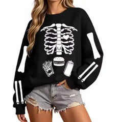 Halloween Skeleton Food Print Crew Neck Sweatshirt