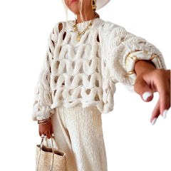 Openwork Hollow Knitted Jumper, Boho Lantern Sleeve Loose Fit Crochet Sweater