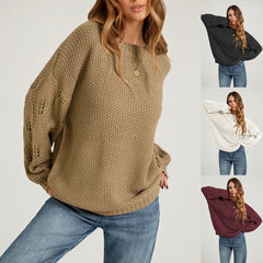 Textured Waffle Knit Oversized Crewneck Sweater Hollow Cable Sleeve Fall Jumper