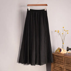 Linen Blend Maxi Skirt High Waist Pleated Flowy Skirt