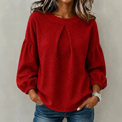 Waffle Knit Round Neck Blouse Pleated Front Balloon Long Sleeve Loose Casual Top