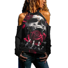 Halloween Skull Print Cold Shoulder Distressed Sweatshirt
