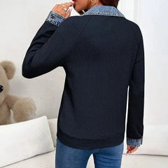 Contrast Denim Trim Half Button V-Neck Long Sleeve Blouse