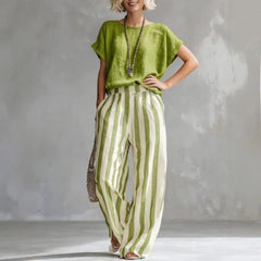 Solid Color Short-Sleeve Top & Striped Wide-Leg Pants Set