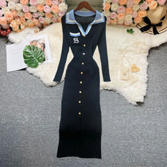 Contrast Collar Embroidered Knit Bodycon Midi Dress
