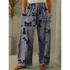 Printed Flare Work Pants | Mid Waist Doodle Heart Print Loose Wide Leg Casual Trousers