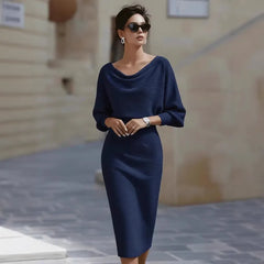 White Boat Neck Batwing Sleeve High-Waisted Knitted Midi Dress