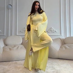 3-Piece Lounge Set, Long Sleeve Kimono Cardigan & Tank Top & Wide Leg Pants