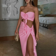 3D Floral Two-Piece Set, Strapless Crop Top & High Slit Maxi Skirt