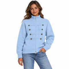 Stand Collar Zip Up Knit Cardigan, Double Breasted Decorative Button Sweater Jacket