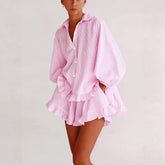 Vertical Stripe Shirt & Ruffle Shorts Two Piece Set