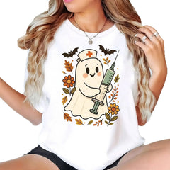Halloween Nurse Ghost Bat Floral Print Crew Neck Short Sleeve T‑Shirt