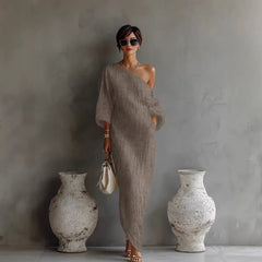 One Shoulder Draped Linen Maxi Dress