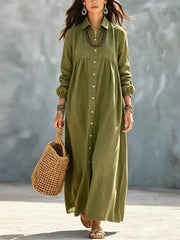 Solid Turn-Down Collar Button Down Ankle-Length Dress