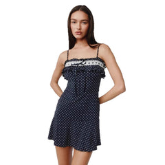 Navy Polka Dot Lace Trim Mini Dress