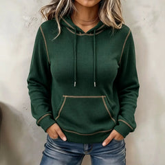 Casual White Waffle Knit Hoodie for Contrast Stitching Long Sleeve Pullover
