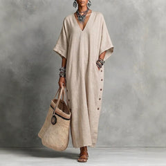 Apricot Cotton Linen V-Neck Button Detail Maxi Dress