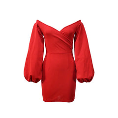 Elegant Off Shoulder Puff Sleeve Wrap Ruched Bodycon Mini Dress