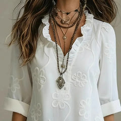 Solid Color Embroidered V-Neck Lantern Sleeve Loose Maxi Dress