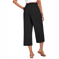 Matching Flowy Linen Look Floral Print Drawstring High Waist Loose Cropped Casual Daily Outfit Pants