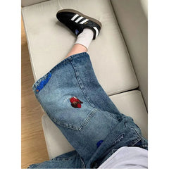 Cartoon Patch Embroidery Vintage Washed Cropped Jeans