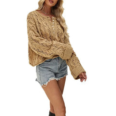 Romantic Hollow Cable Knit Henley Jumper Oversized Button Detail Long Sleeve Sweater
