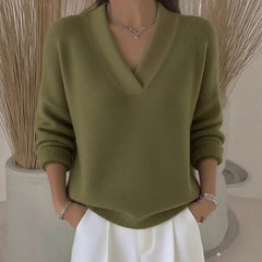 V Neck Solid Color Knit Pullover Sweater