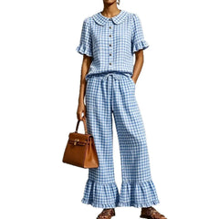 Gingham Peter Pan Collar Ruffle Short Sleeve Top & Flared Pants Two Piece Set