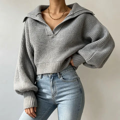 Trendy Wide Collar V Neck Cropped Chunky Knit Pullover Balloon Sleeve Sweater