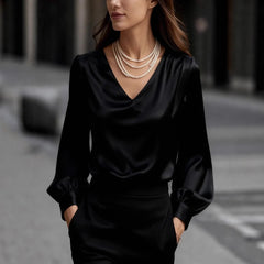 Solid V-Neck Long Puff Sleeve Elegant Blouse