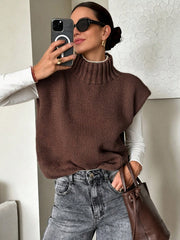 Coffee Brown High Neck Knit Sweater Vest